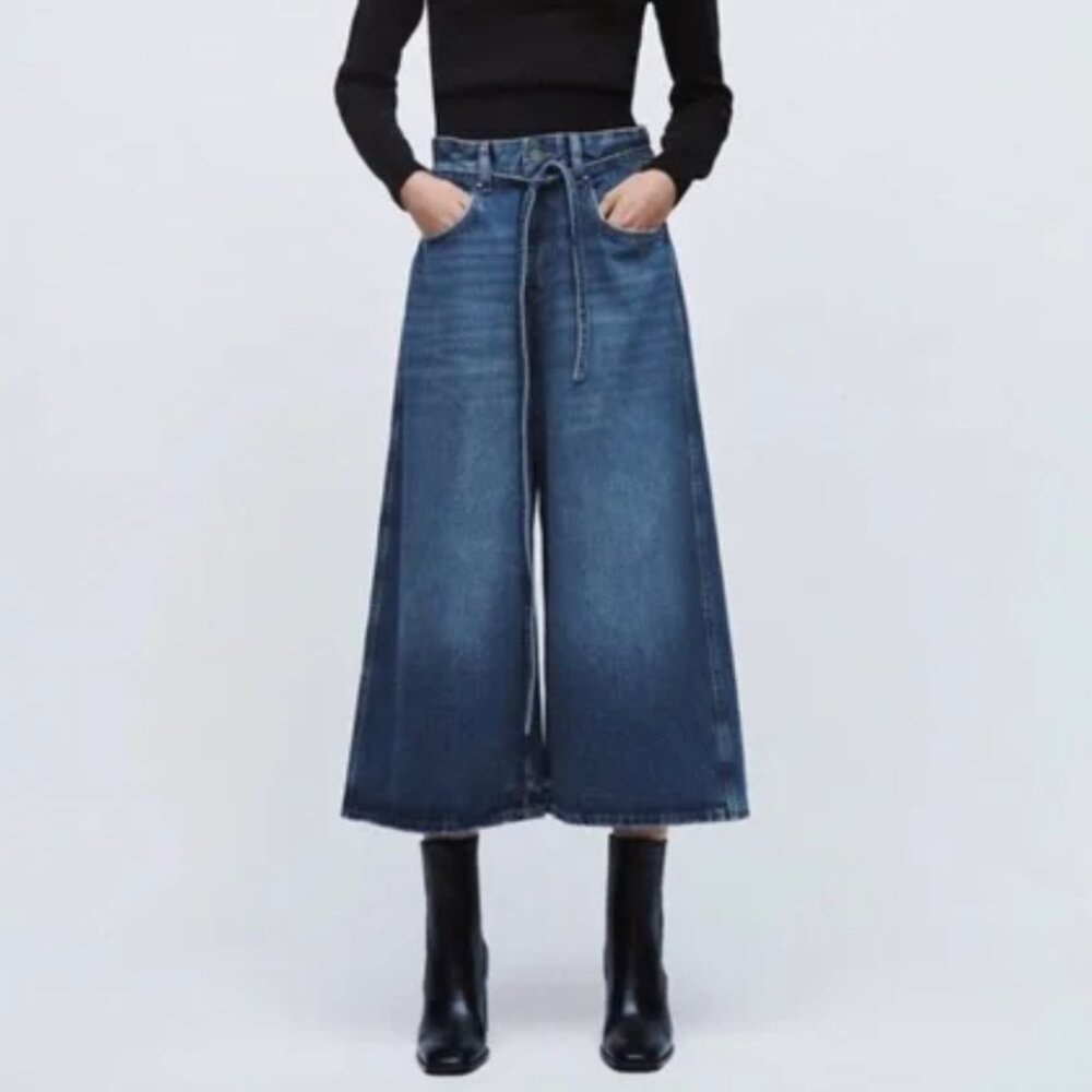 Zara Cropped Wide-Leg Tie-Waist Jeans in Dark Blue